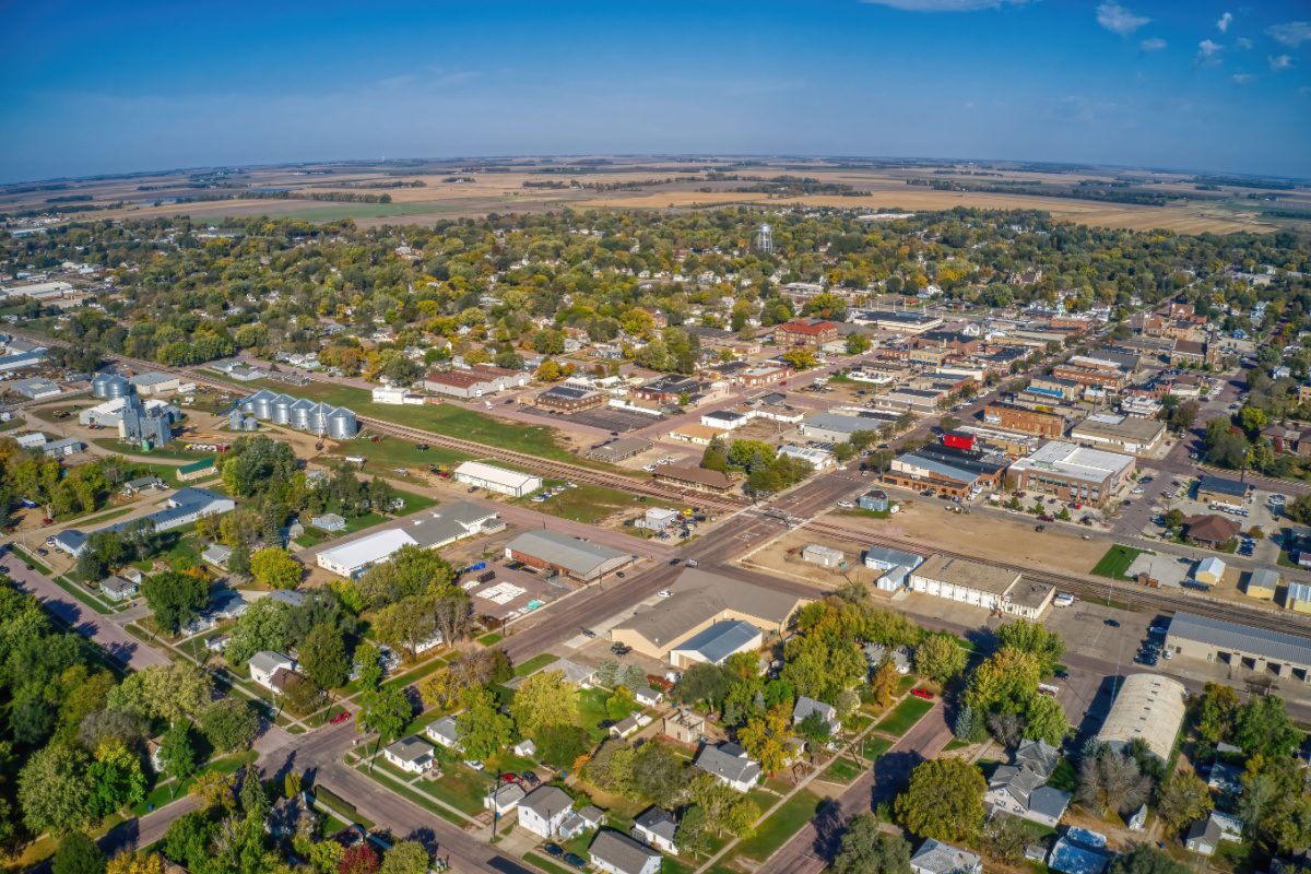 Aerial view of Madison, SD on a sunny day
