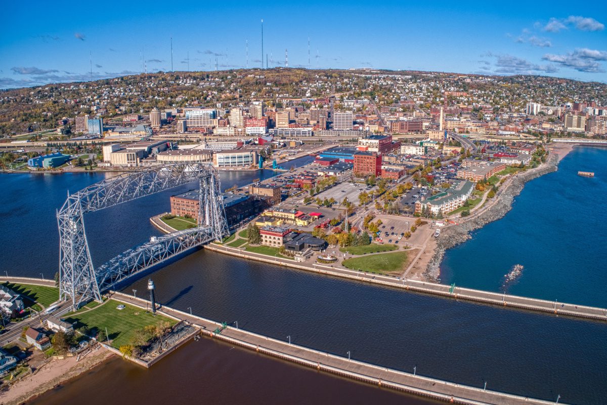 Aerial view of Duluth, one of the best towns in Minnesota to call home