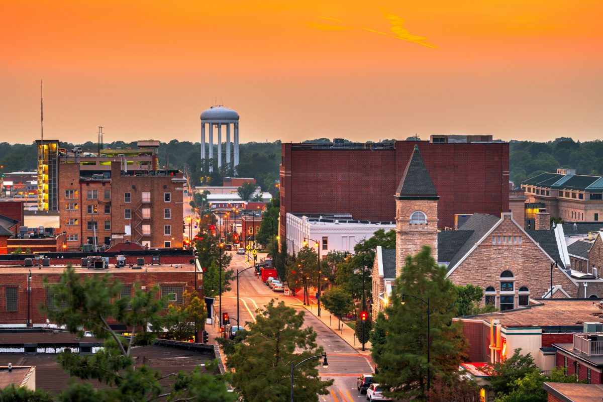 Sunset over downtown Columbia, one of the best places to live in Missouri