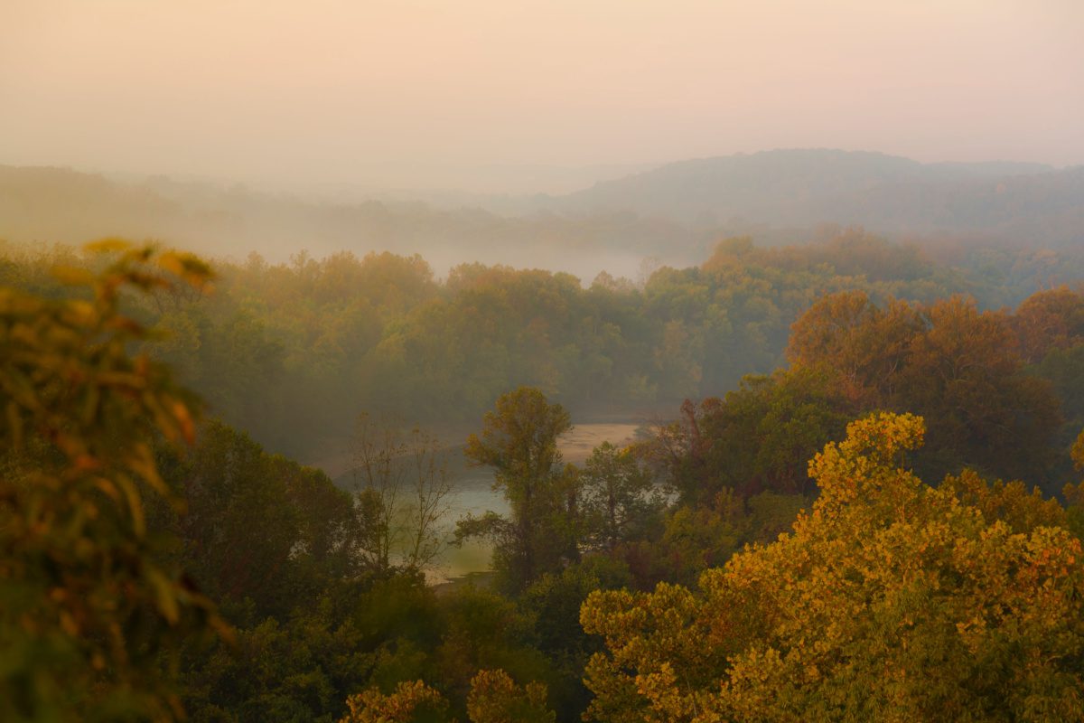 Fog rolling in over the scenic town of Ballwin, MO
