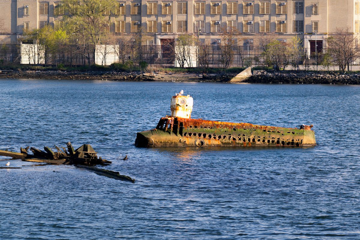Rusting submarine in Coney river, New York