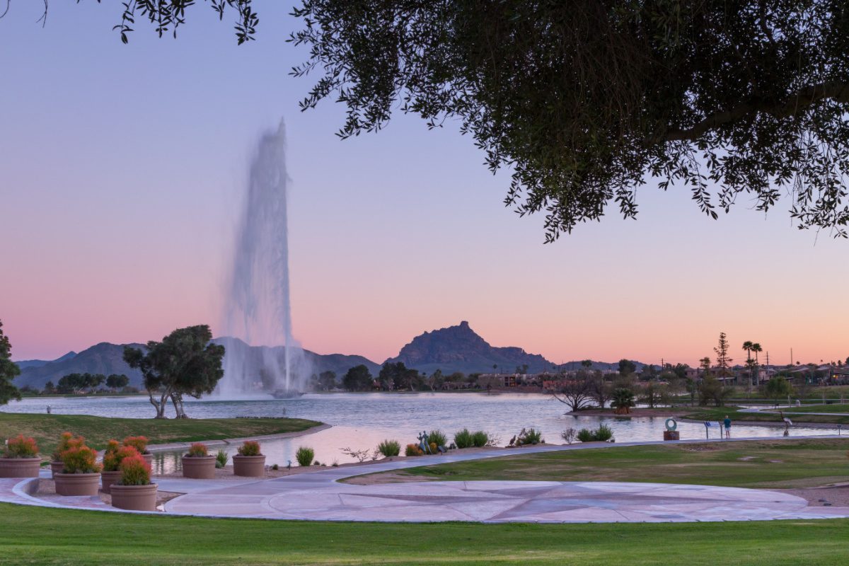 Pink sky with the fountain in Fountain Hills, a great Phoenix suburb