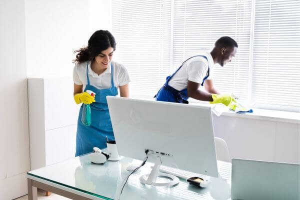 Picture of the girl and boy wearing blue apron, white collared shirt, and yellow gloves and cleaning the office desk and table.