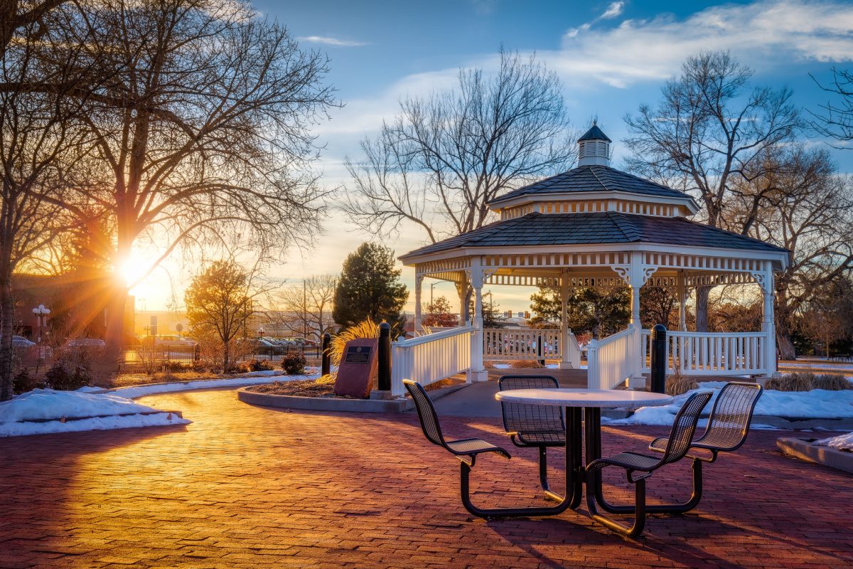 Snow covered gazebo at a park in Parker, Colorado, a great suburb of Denver