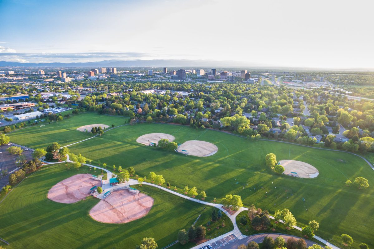 Baseball fields in Greenwood Village, a suburb of Denver, as seen from the sky. This colorado suburb is home to the Denver Tech Center and beautiful luxury homes on golf courses.