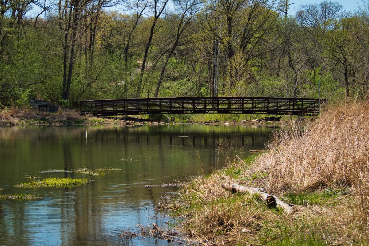 Foot bridge over a pond in scenic Lenexa, KS, in Johnson county, close to the job opportunites and entertainment options of Kansas City