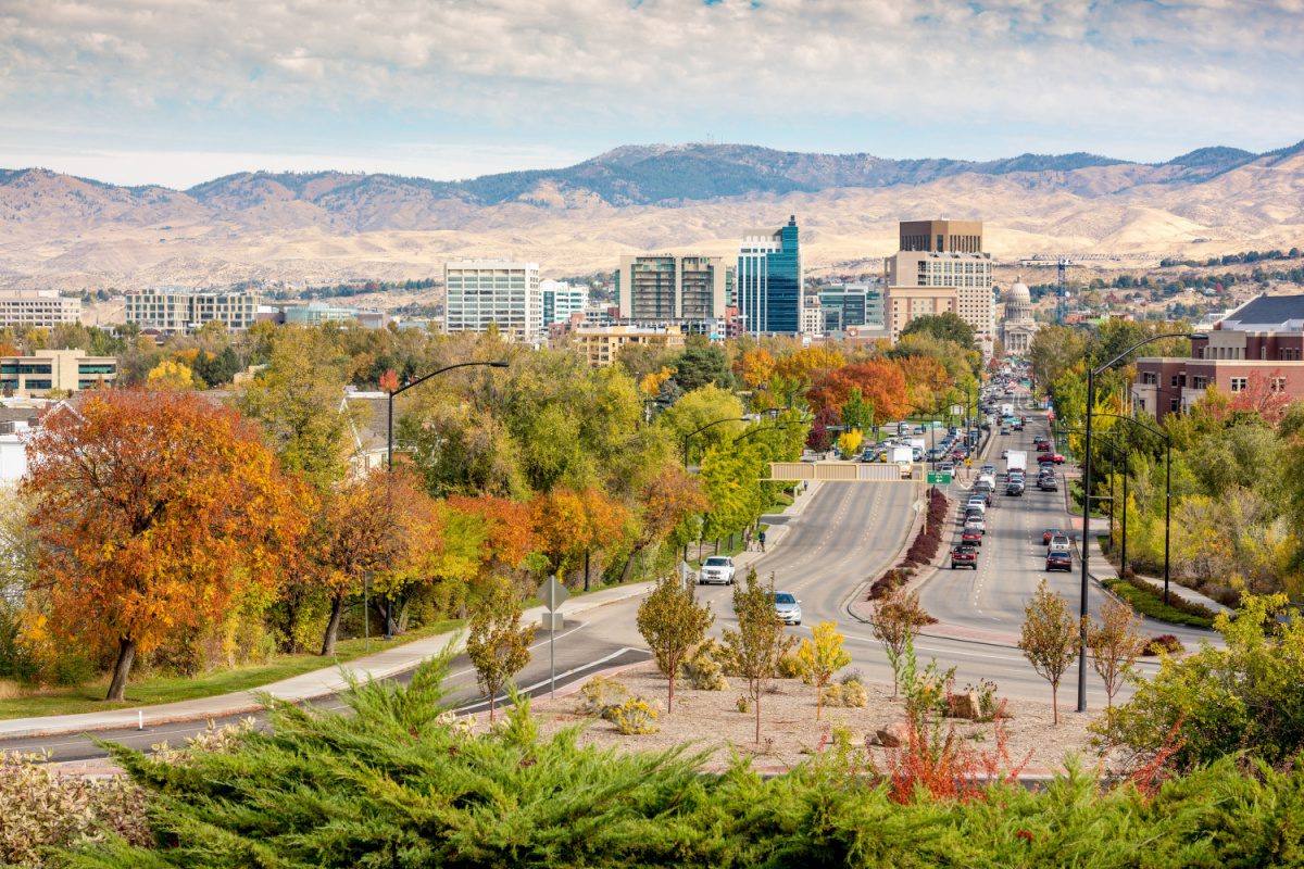 Vibrant downtown Boise on a sunny day, the state capital in southeastern Idaho. One of the best places in Idaho to be for a low cost of living, plenty of natural history and multiple open air attractions and local shops