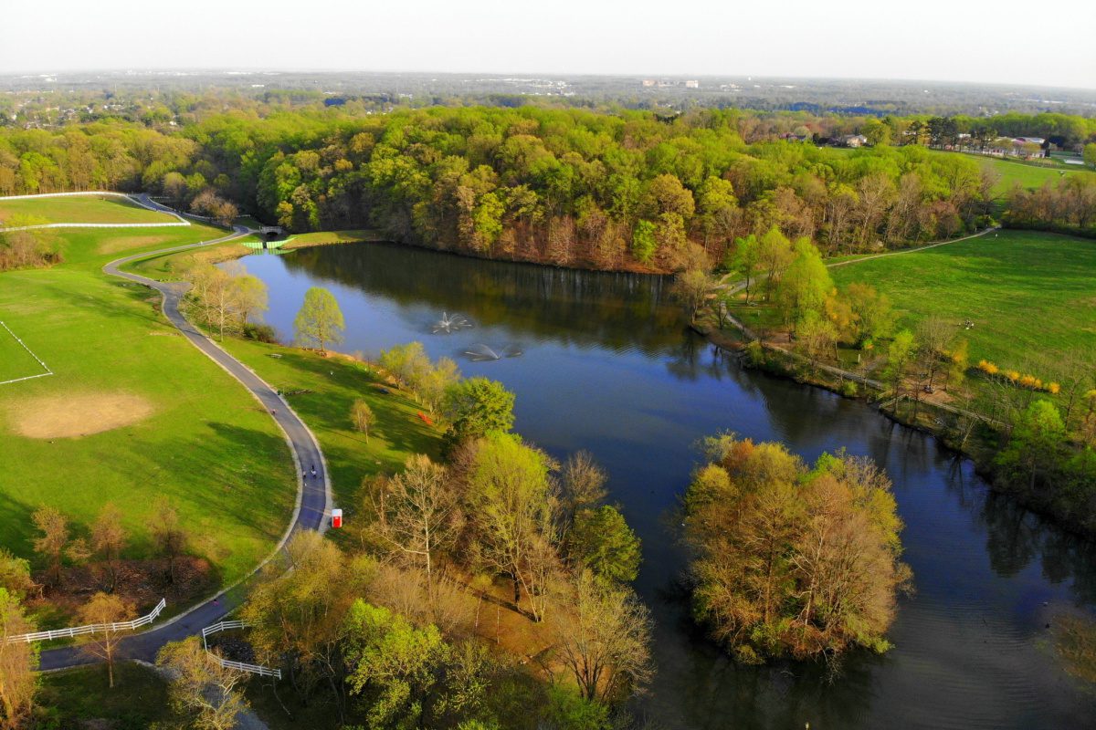 Aerial view of a scenic pond in Pike Creek, Delaware