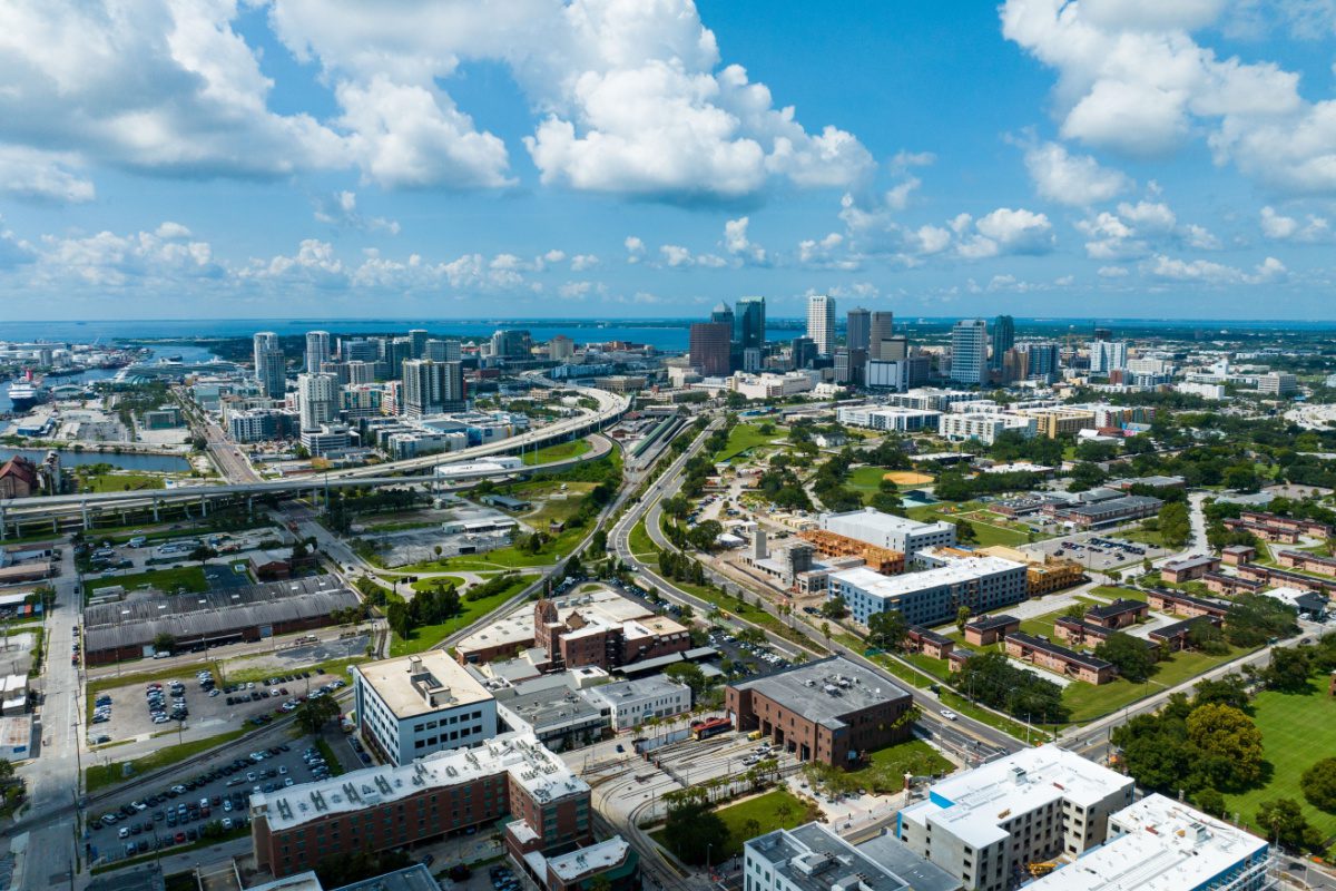 Aerial view of the Tampa urban sprawl and a nearby suburb